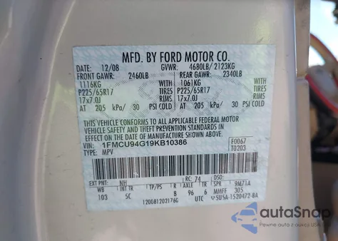 2009 Ford Escape Limited z USA, uszkodzony, nr VIN 1FMCU94G19KB10386